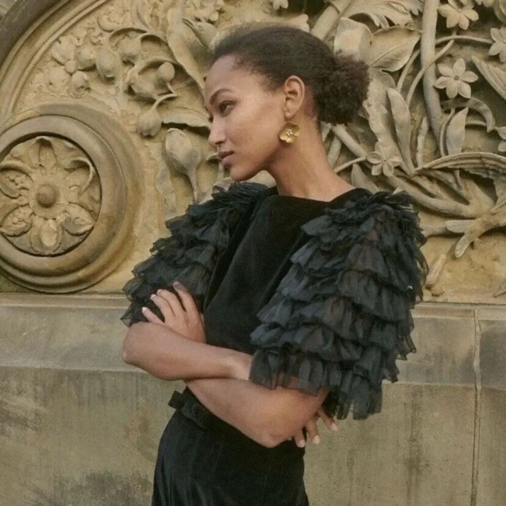 NWT Doen Heirloom Clarette Velvet Ruffle Top in Black Size XS - Picture 4 of 11